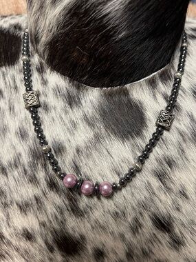 Elegant Hematite Bead Necklace with Purple Accent Beads and Celtic knots